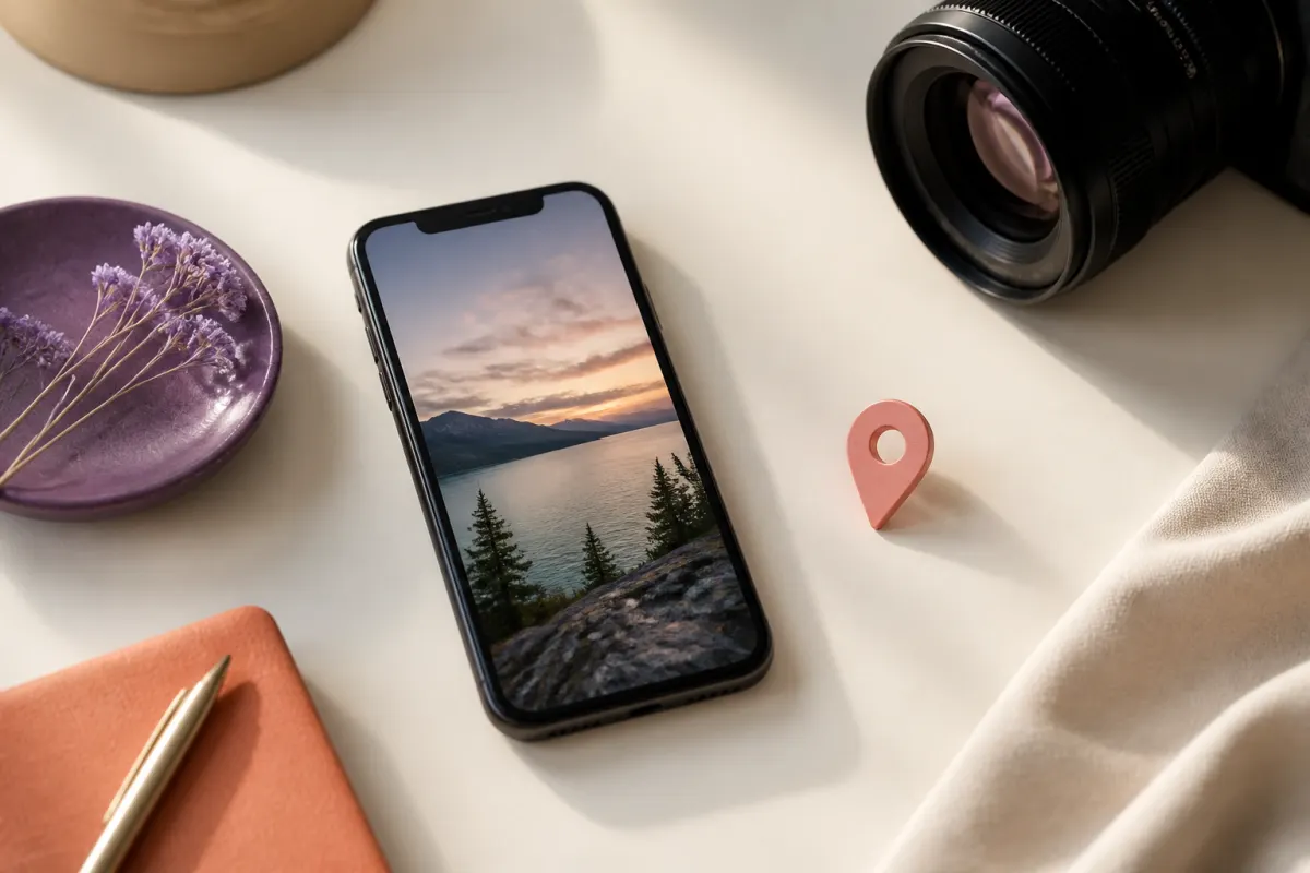 A phone with a landscape photo beside a location pin and camera lens.