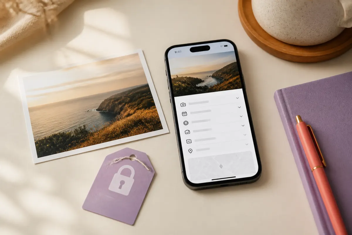 A phone showing photo information beside a printed photograph.