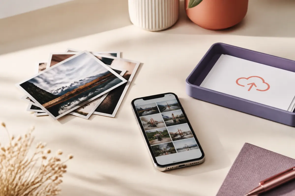 A phone and printed photos ready for an online upload.